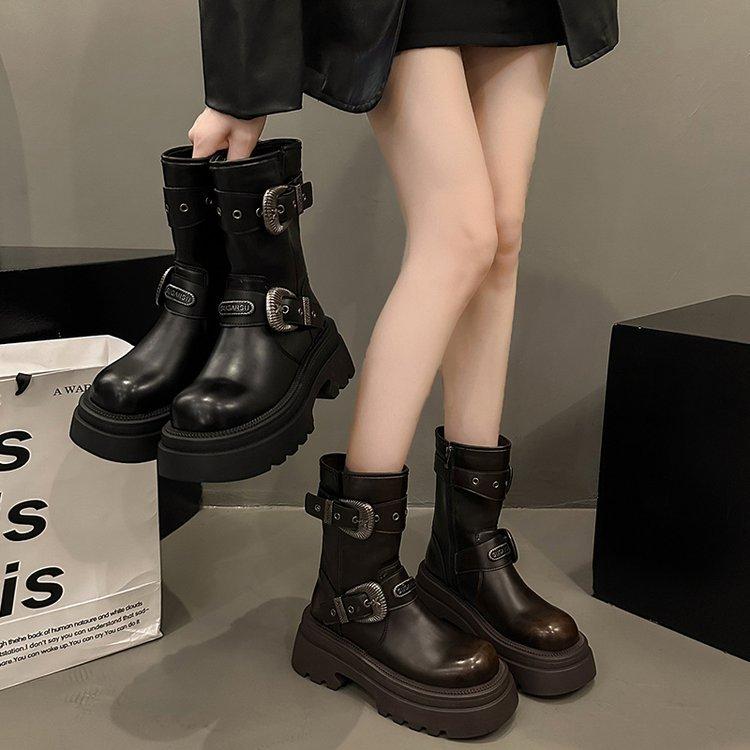 Зимние ботинки винтажные коричневые толстые каблуки толстая подошва женские модели осень Meilad увеличение высоты тонкие короткие ботинки