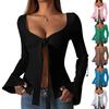 Women's Sexy Solid Color Twisted Trumpet Sleeve Slit Navel-Exposed Top T-Shirt