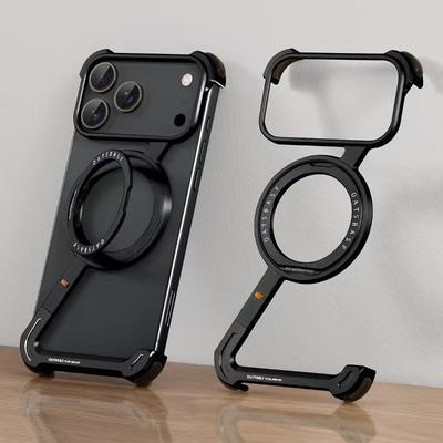 Роскошный безрамочный металлический чехол для телефона для iPhone 17 Air 16 15 Pro Max, вращающаяся на 360° подставка, магнитный защитный противоударный чехол Magsafe
