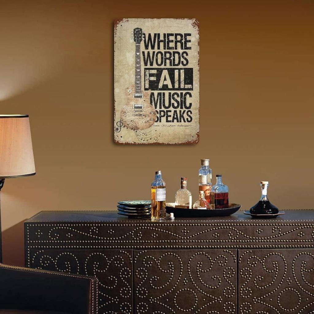 LEIZENTIN Vintage Tin Sign Guitar Where Words Fail Music Speaks Home Bar Poster Wall Decor Retro Metal Sign 8x12inch