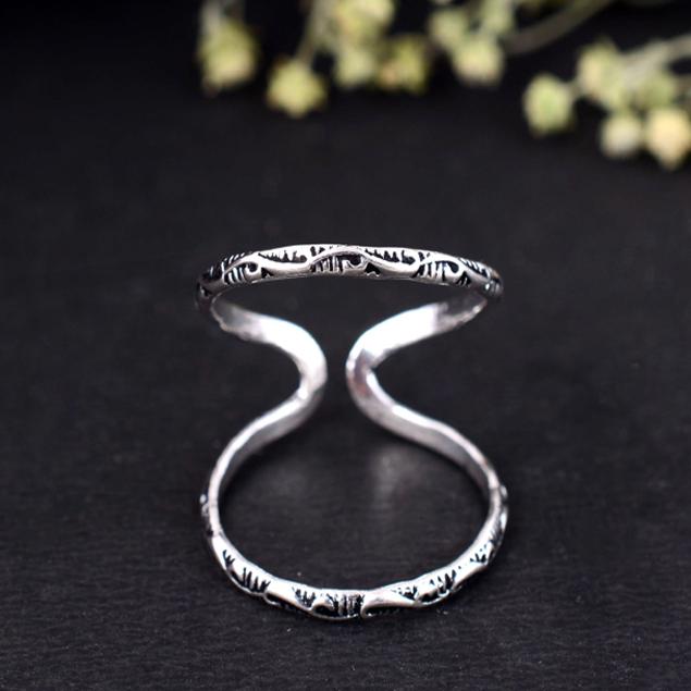 Dainty Scrollwork Double Band Ring | Adjustable Silver Knuckle Ring | Oxidized Pattern Mid-Finger Splint Jewelry | Boho Statement Gift