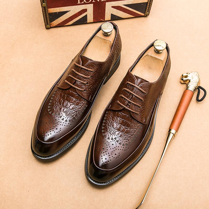 Fashion Men Lace Up Casual Leather Shoes Crocodile Pattern Luxury Dress Shoes Slip-on Wedding Shoes Leather Brogues Size 38-45