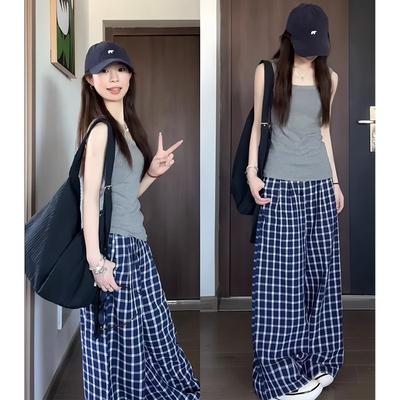 Клетчатые брюки широкие от бедра для женского нового весенне-осеннего стиля, с высокой талией, повседневные, прямые, драпирующиеся, свободного ленивого стиля, узорчатые брюки