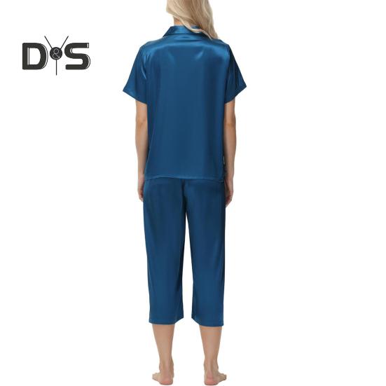 2 шт./комплект пижамы Ice Silk, рубашка с длинным рукавом и застежкой на пуговицы, эластичный пояс, широкие укороченные брюки, домашняя одежда, повседневный наряд, весенняя одежда для сна
