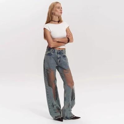 Джинсы женские с высокой талией и широкими штанинами, с сетчатыми вставками, женские модные уличные брюки в стиле «прогресс»