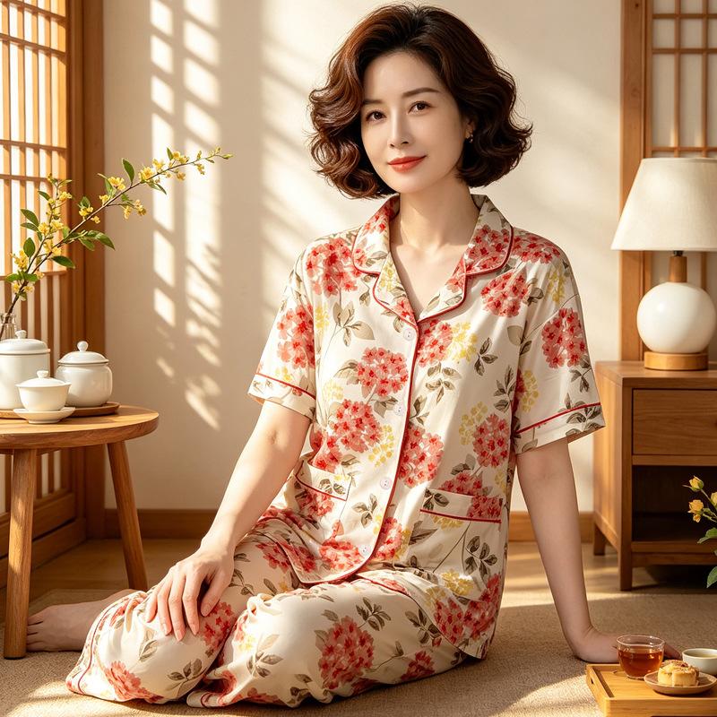 High-end light luxury fashion flower middle-aged mother generation imitation cotton pajamas loose large size short sleeve two-piece set