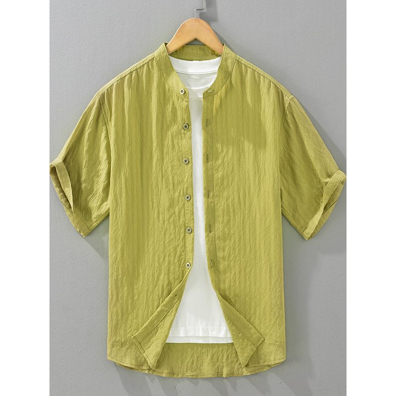 Foreign Trade Surplus Japanese-Style Casual Comfortable Thin Short-Sleeve Shirt for Men, Loose Trendy Chinese Style Stand Collar White Shirt