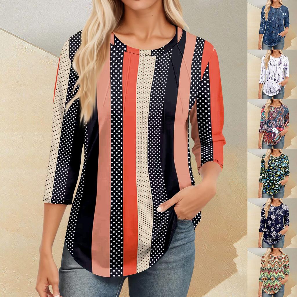 Женский повседневный универсальный топ с круглым вырезом и цветочным узором в горошек и длинными рукавами