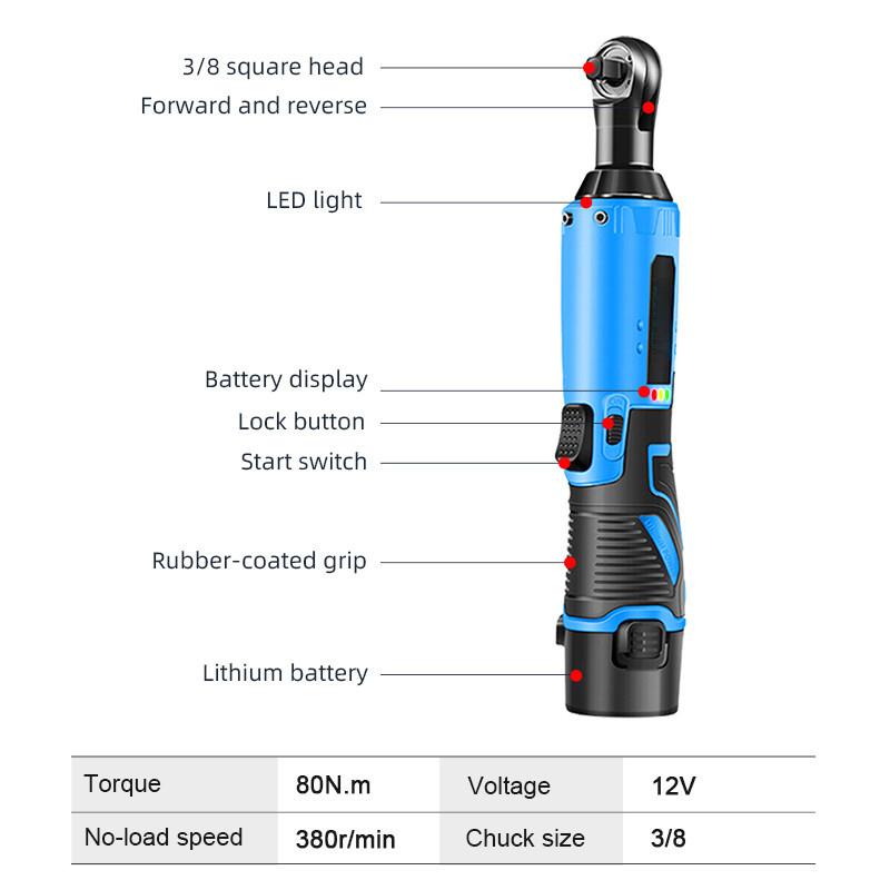 3/8 Inch Cordless Portable Electric Wrench 12V Right Angle Ratchet Wrenches Rechargeable Car Repair Tool