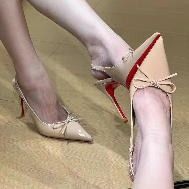Женская обувь 2025 осень новая черная лакированная кожа украшение бантом острый носок высокий каблук пустая сумка сандалии с головкой женские