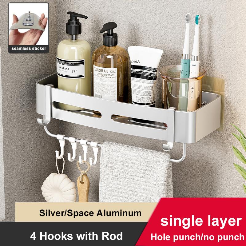 Bathroom Shelves No Drill Shampoo Storage Rack Wall Mounted Shower Corner Shelf Space Aluminum Kitchen Organizer Rack