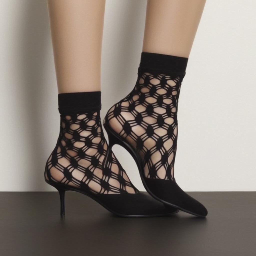 Летние кружевные носки-сетка до щиколотки Black Pearl - Дышащие, невидимые чулки больших размеров