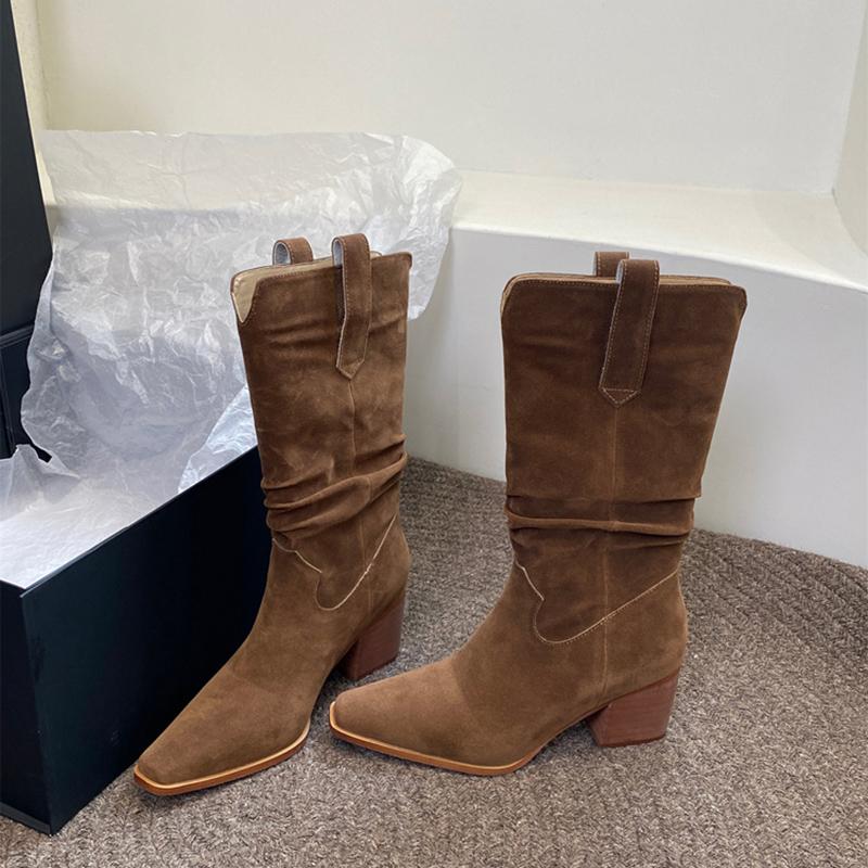 Модные винтажные замшевые женские ковбойские сапоги модные туфли без застежек осень-зима толстый каблук женские полусапожки до середины голени