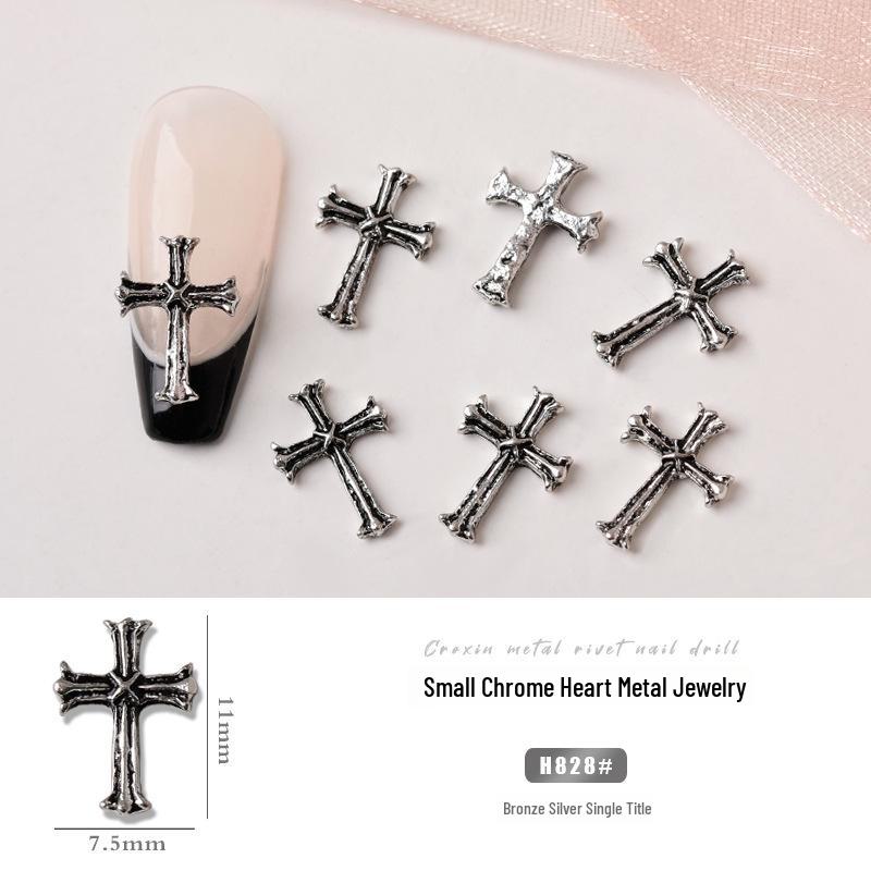 Chrome Heart Cross & Diamond Nail Art Jewelry - Retro Punk Style Accessories