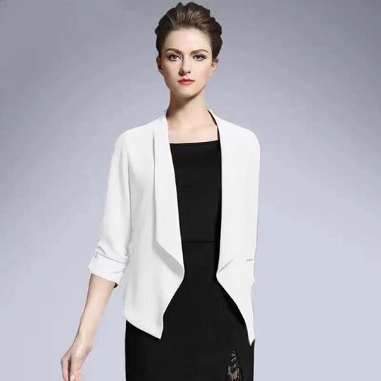 Women's Summer Spring Stretch 3/4 Gathered Sleeve Open Blazer Jacket Cardigan