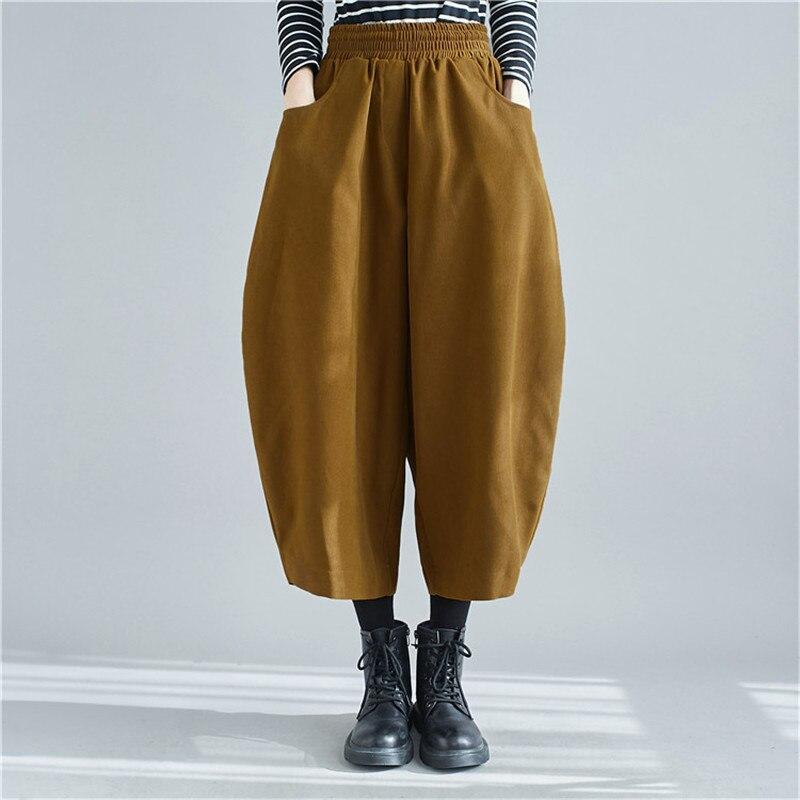 Johnature Spring Autumn Casual Thicken Harem Pants Simple Elastic Waist Loose Soild Color Ankle-lenght Women Pants