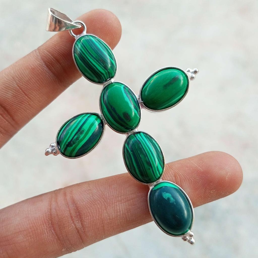 Malachite Gemstone 925 Sterling Silver Plated Gifted Cross Shape Pendant Jewelry NST-J2H28277