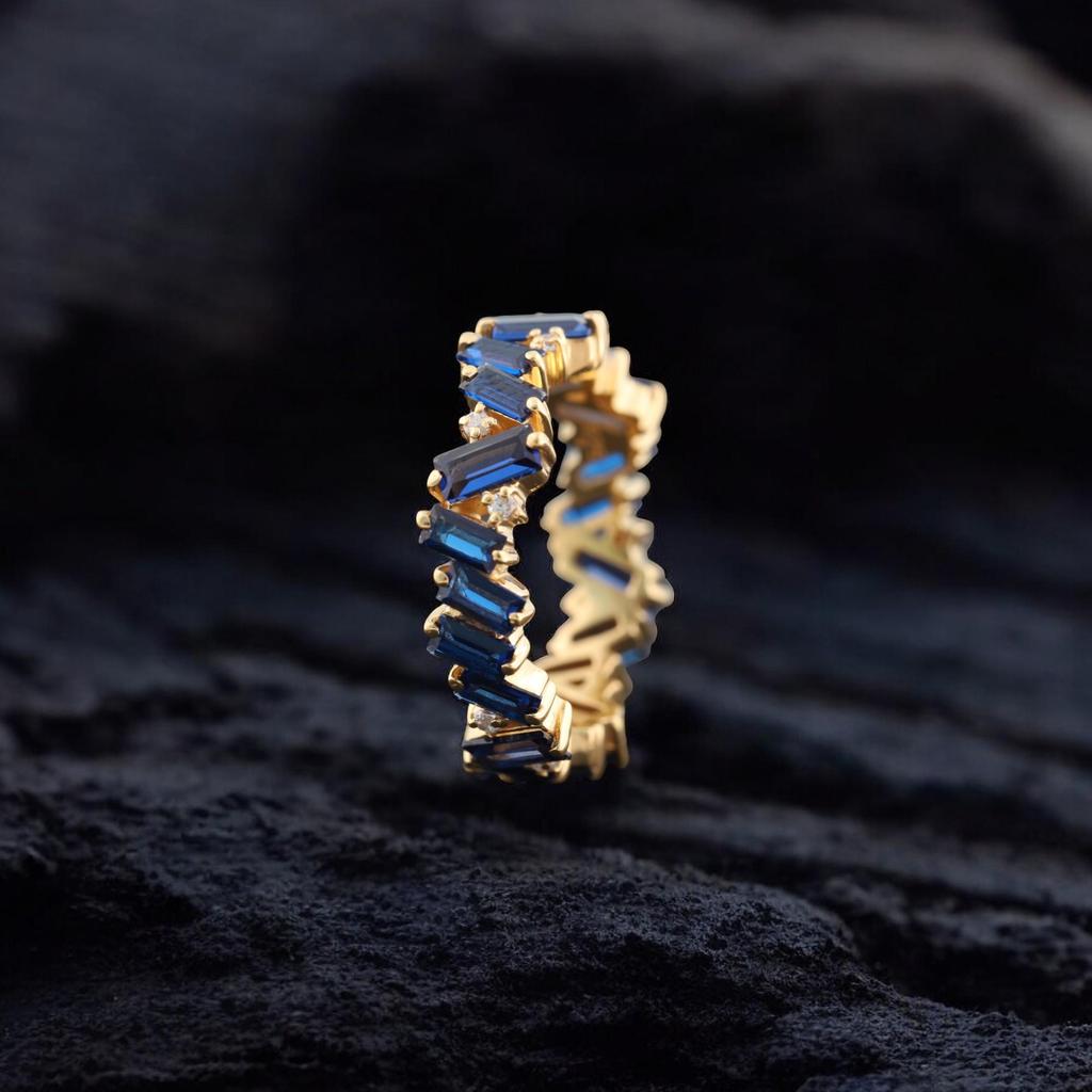 Baguette Cut Sapphire Wedding Band 18k Gold Vintage Delicate Ring Blue Gemstone Band Eternity Matching Band Birthstone Jewelry Gift For Mom