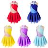 Kids Girls Figure Skating Dress Rhinestone Mesh Splice Sleeveless Ballet Dance Dress Gymnastics Leotard Performance Costumes