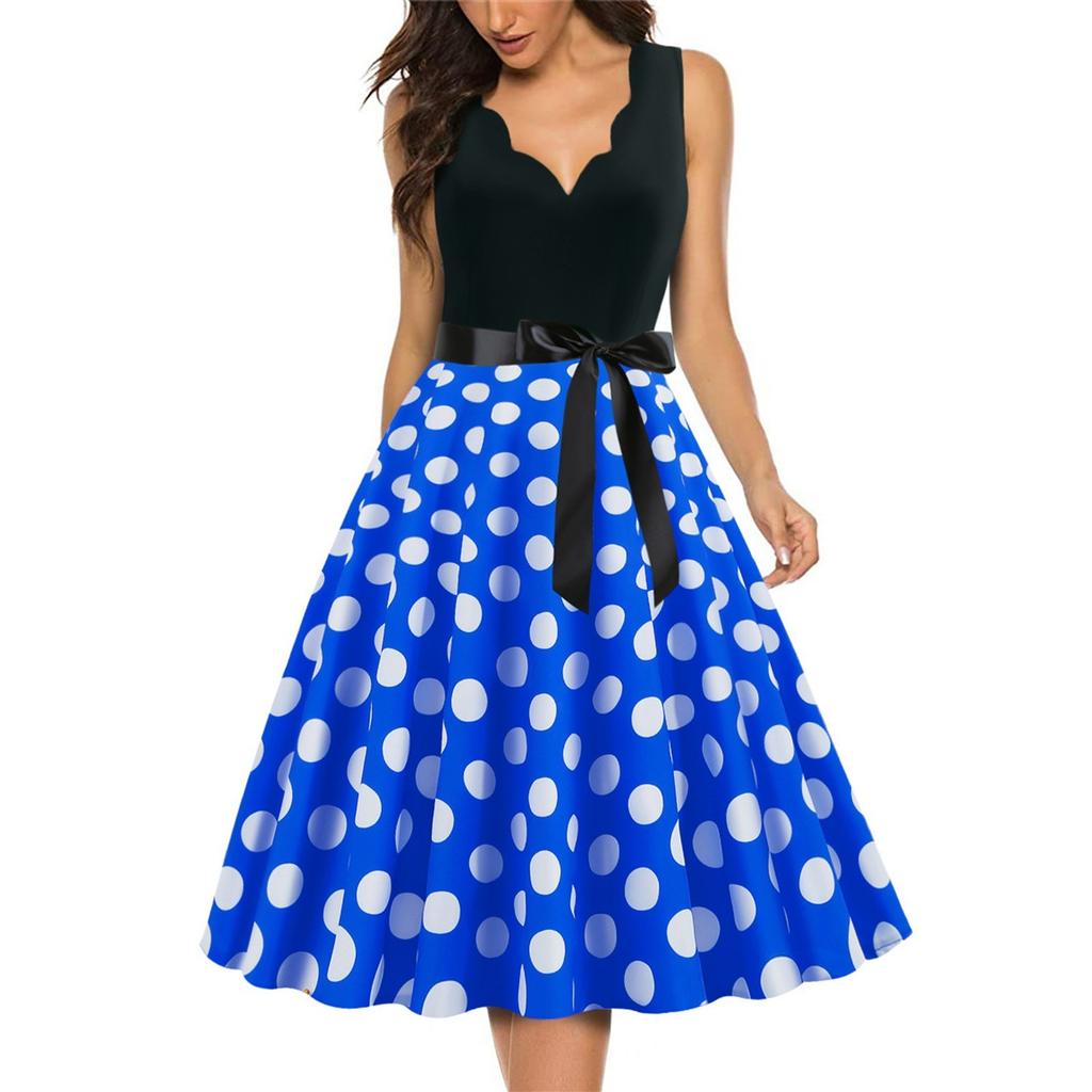 Women's Fashion Retro V-neck Polka Dot Print Swing Dress