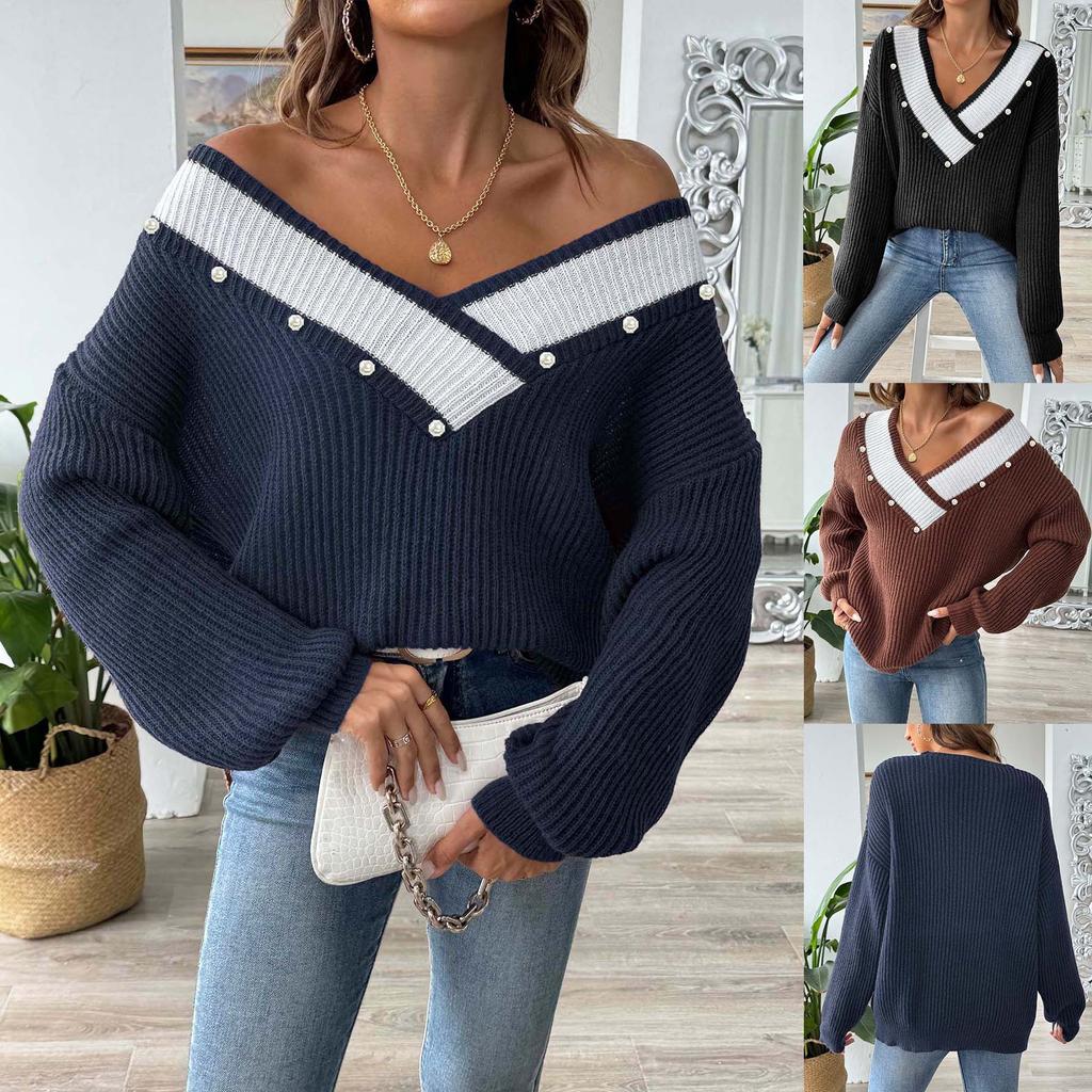 Pearl bead top European and American women's clothing contrasting color splicing large V-neck loose woven sweater pullover sweater