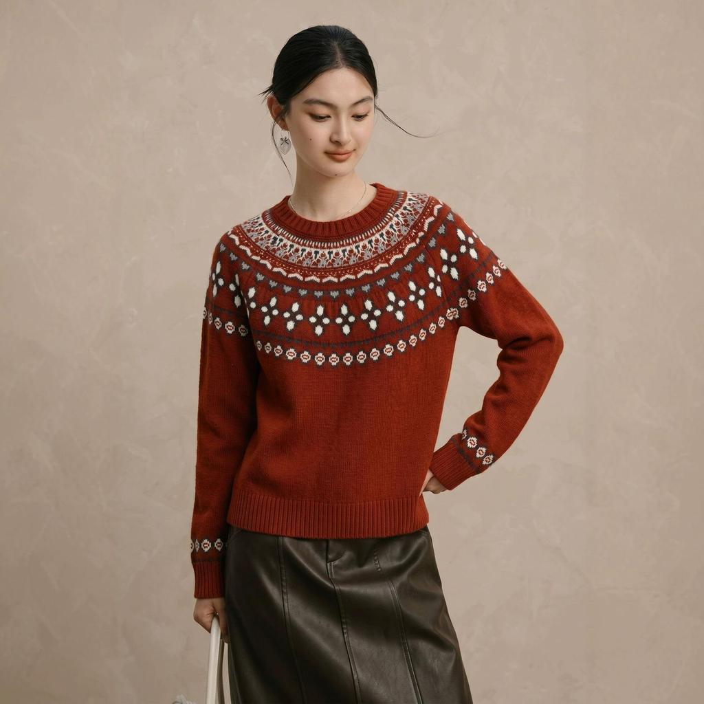 Женский ретро-свитер Fair Isle с цветовыми блоками из мериносовой шерсти - С круглым вырезом, реглан, пуловер