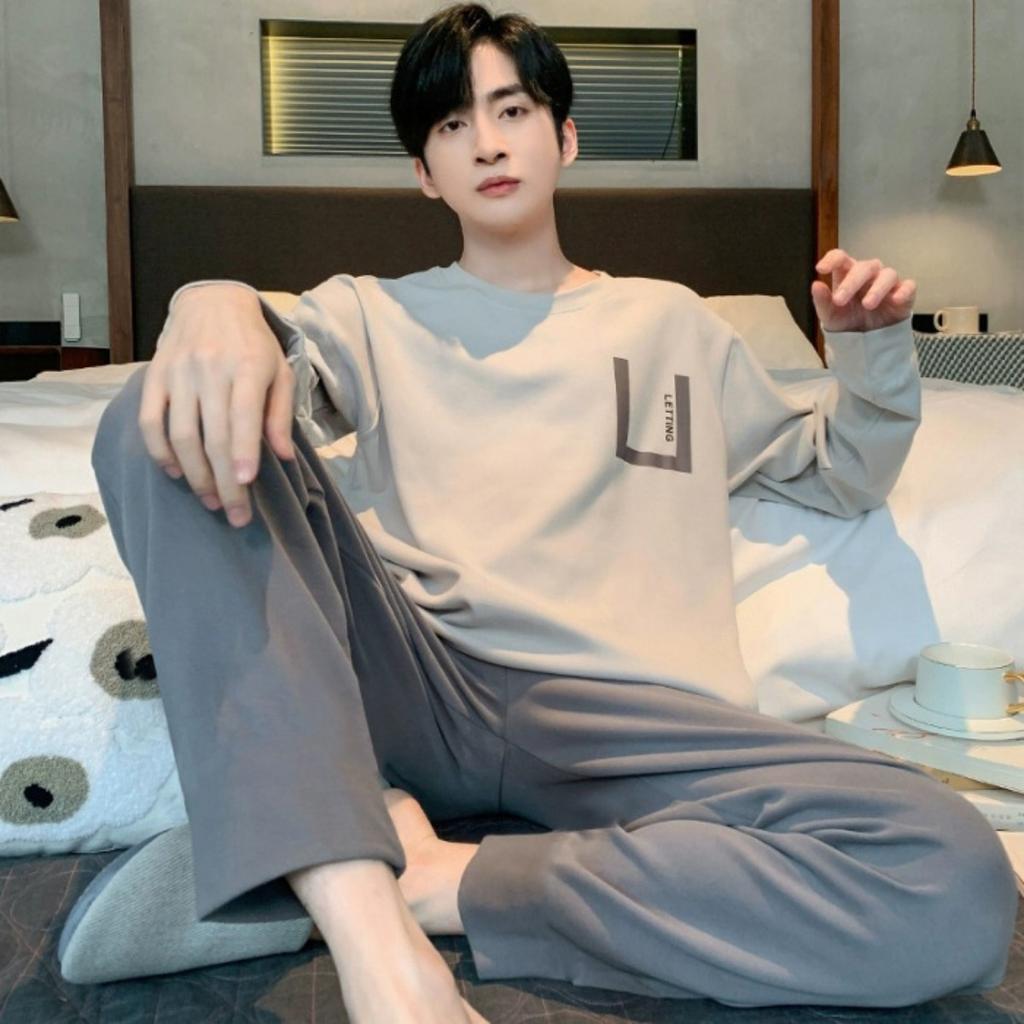 Pajamas Spring and Autumn Men's New Long Sleeve Outable Home Clothes Simple and Casual Large Set