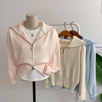 Honey J Women Sel You Two Way Collar Zip Up Knit Cardigan 3color