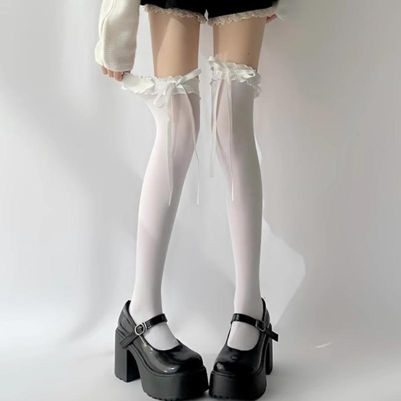 White Thin Sheer Ruffle-edge Lace Long Socks Women JK Girl Sweet Thigh High Stockings Lolita Nylon OverKnee Cute Bowknot Hosiery