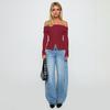 Women Y2k Off Shoulder Button Up Ribbed Knit Sweater Vintage Slim Fit Long Sleeve Foldover Pullover Top