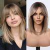 Brown Short Layered Synthetic Wigs Ombre Light Brown Wig with Bangs Shoulder Length Hair Soft Fiber Wig for Daily Use