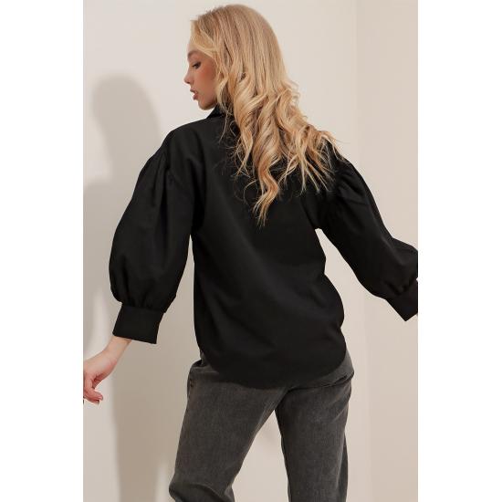 Women's Brown Concealed Pleat Balloon Sleeve Basic Poplin Shirt