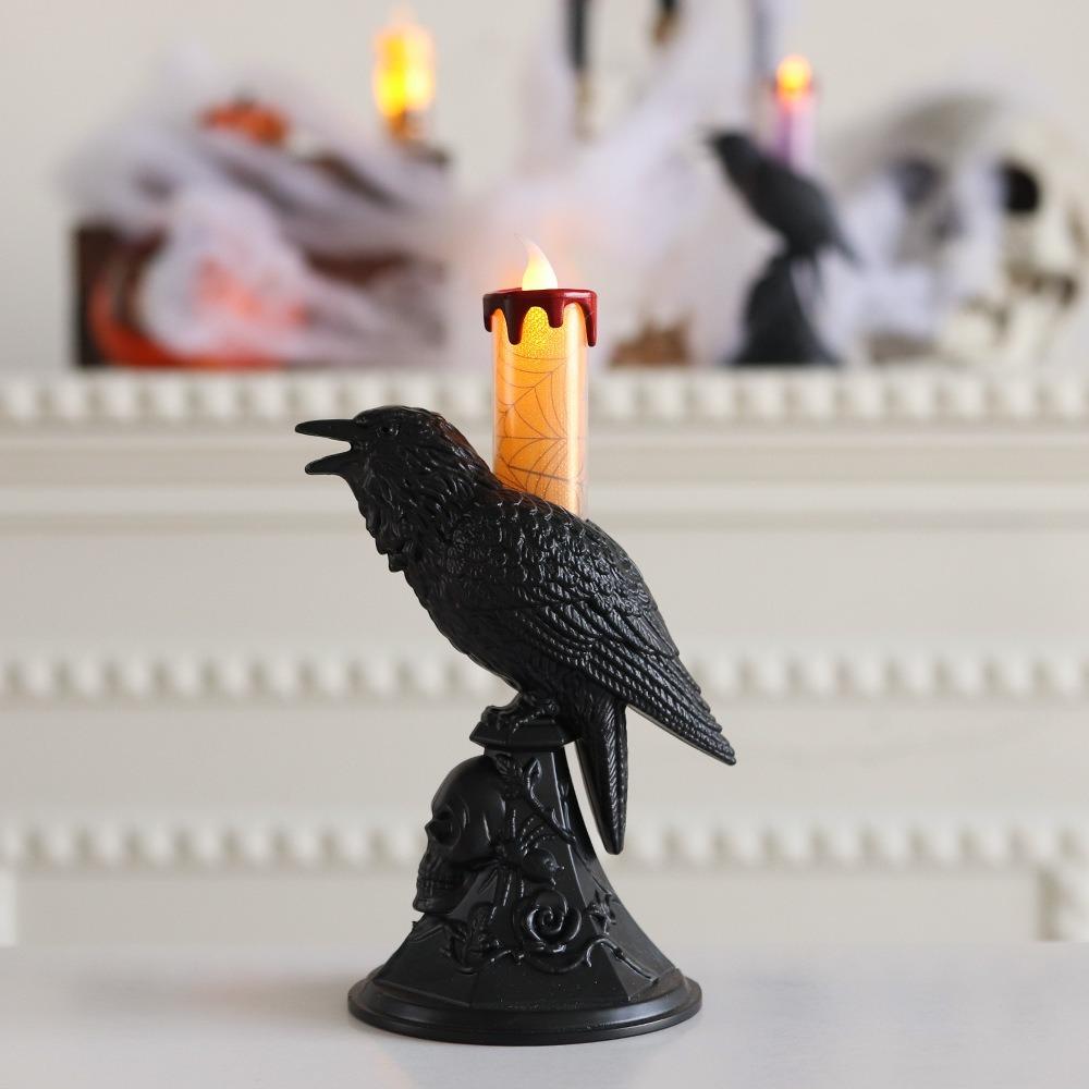Gothic Raven LED Candles Realistic Table Lamp Black Crow Statue Glowing Candlestick  Halloween