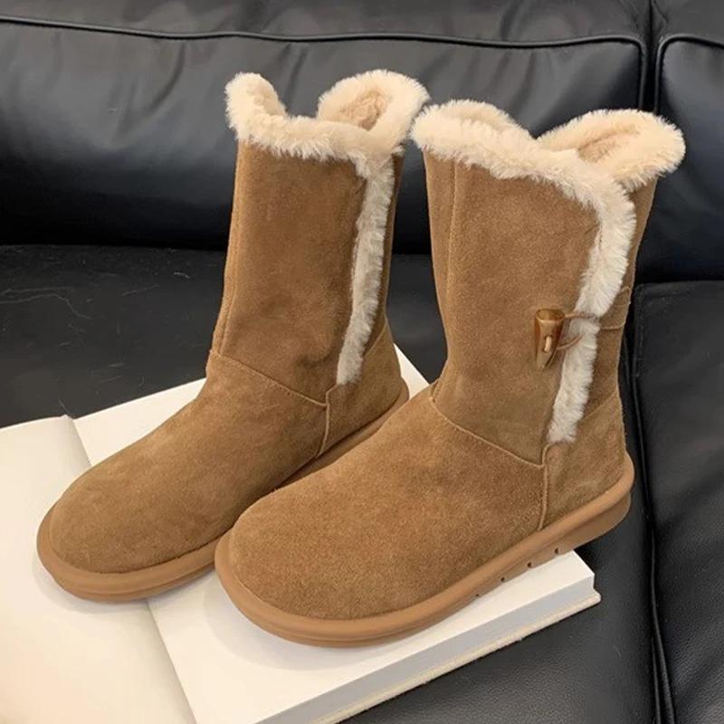 Меховые женские полусапожки из замши на плоской подошве, женская обувь 2025 года, тренд, зимняя мода, бренд, спорт, повседневные, удобные, для ходьбы, женские зимние ботинки