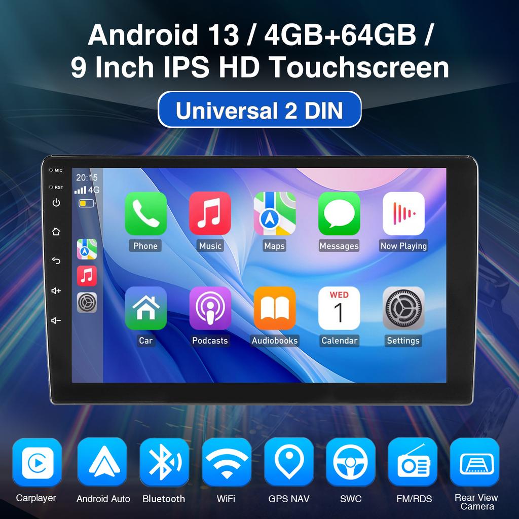9-дюймовый 2 DIN автомобильный стерео радиоприемник Wirless Carplay Android Auto Car Stereo Bluetooth 64G GPS навигация RDS WiFi USB FM DAB+CAM
