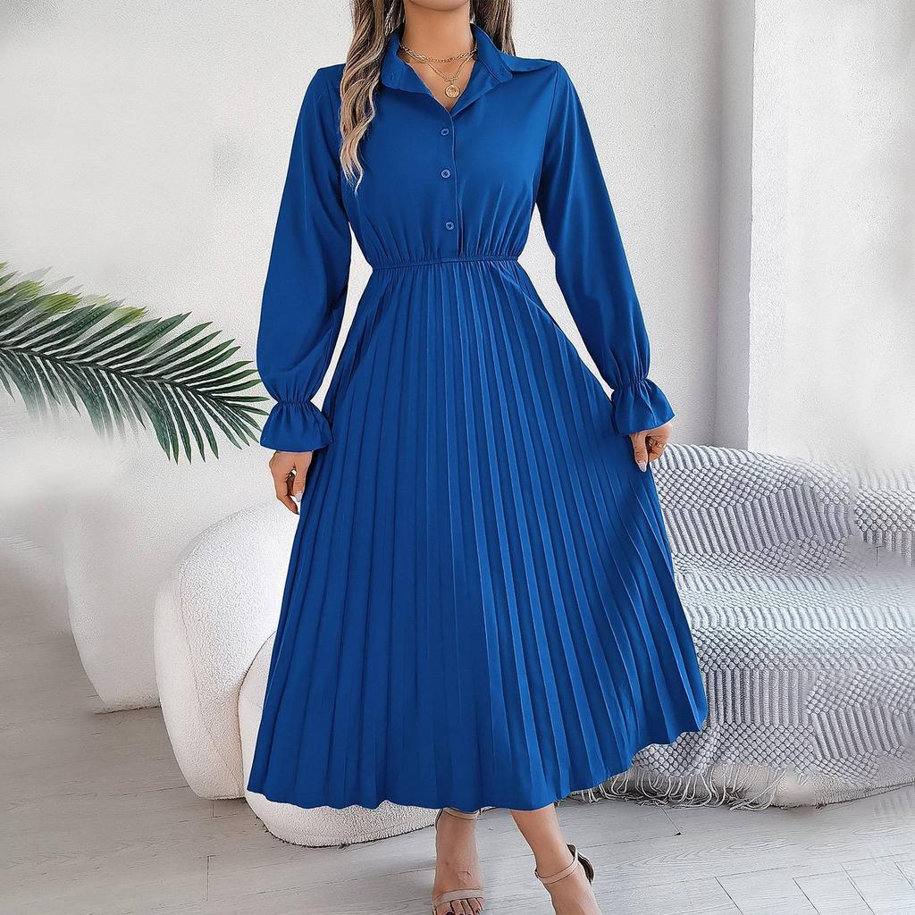 Женское модное ретро однотонное платье с длинными рукавами и пуговицами на талии и лацканами