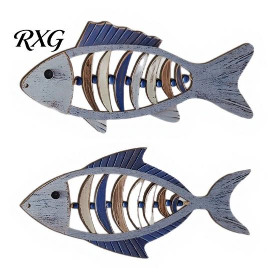 Nautical Hanging Ornaments 2Pcs Mediterranean Style Wooden Fish Wall Hanging, Hollow Skeleton Coastal Living Room Decor Decor, Vintage Ornament