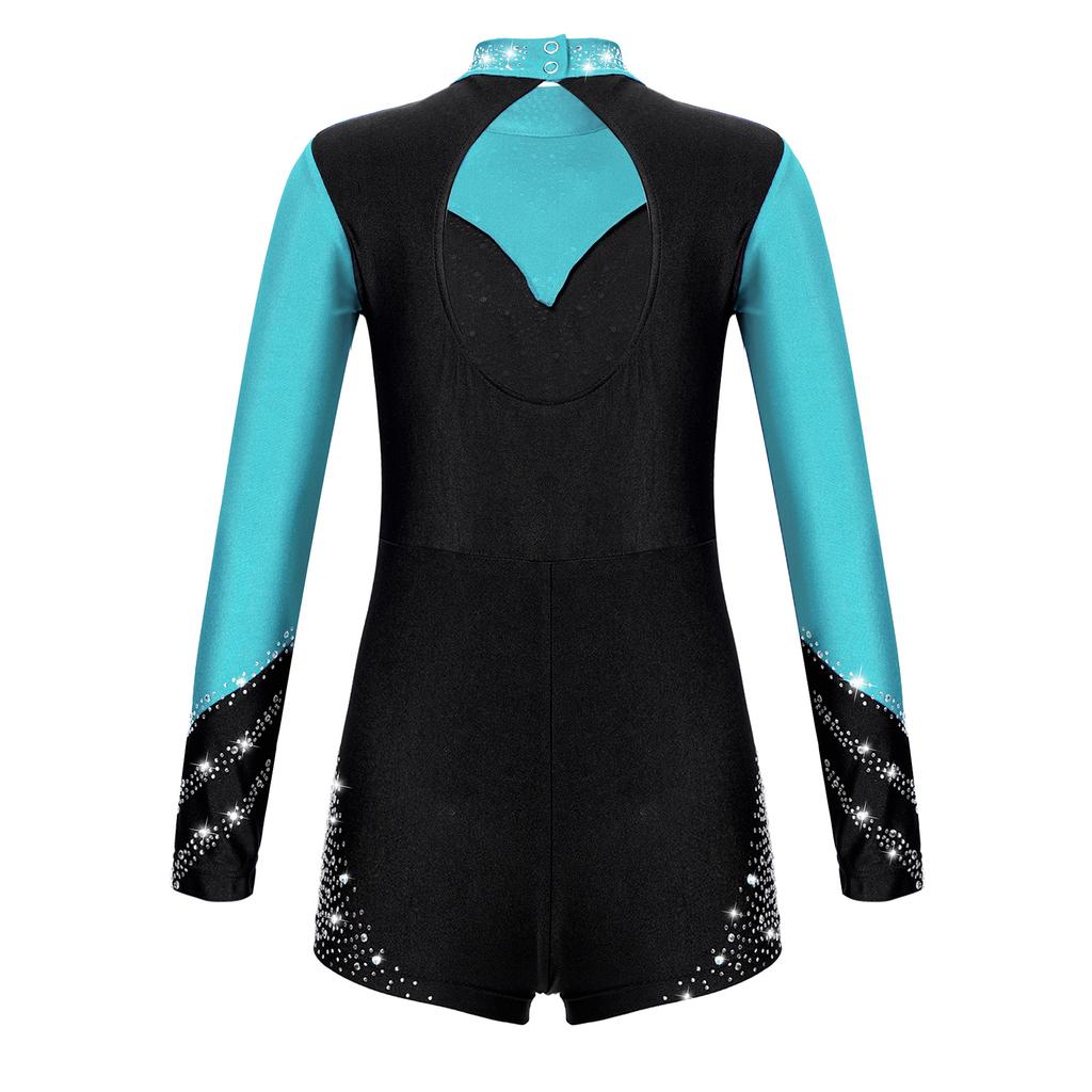 Танцевальный комбинезон для девочек контрастного цвета с открытой спиной и блестящими бриллиантовыми украшениями для соревнований