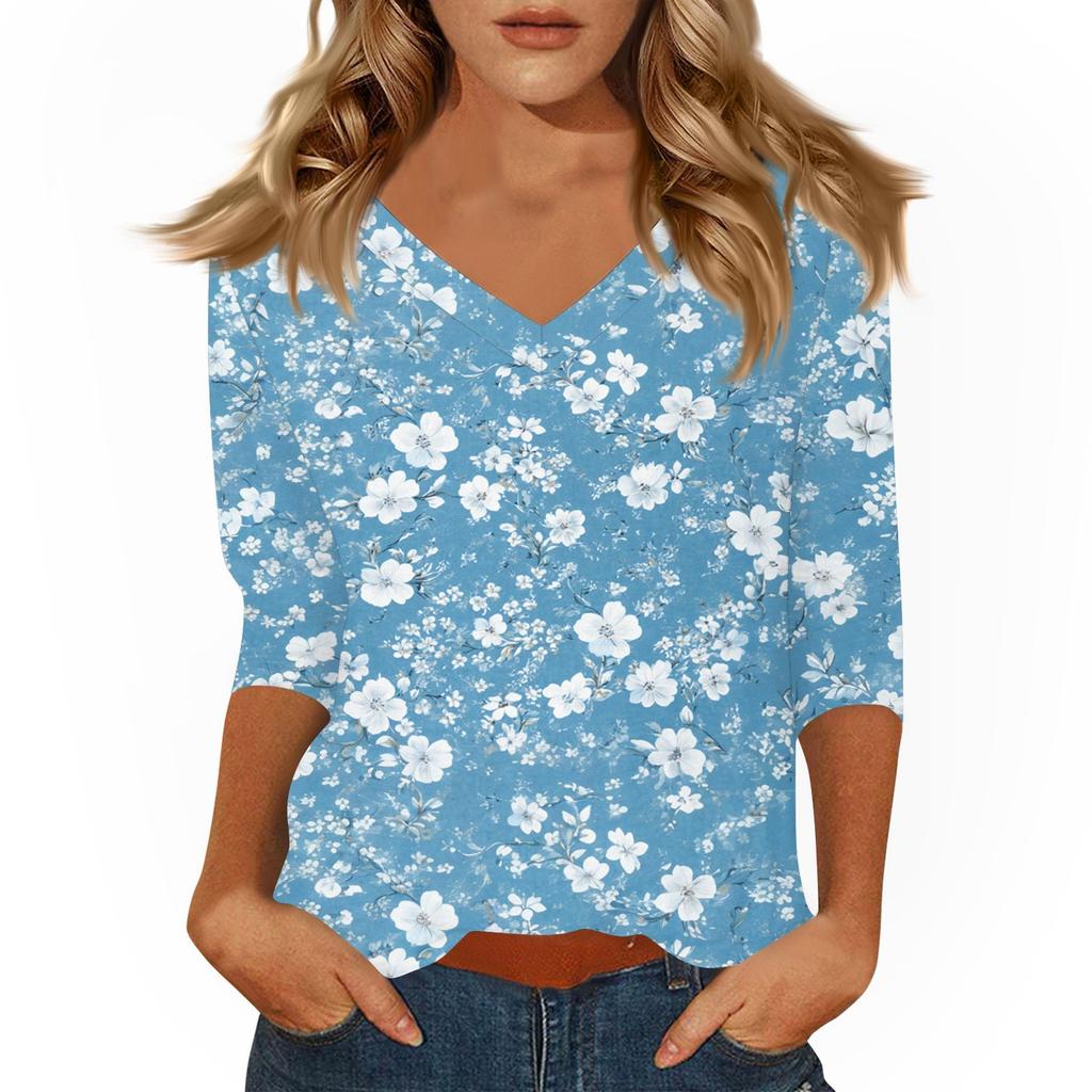 Women's Tops Three-quarter Sleeve Shirt V-neck Loose Casual Shirt Print T-shirt