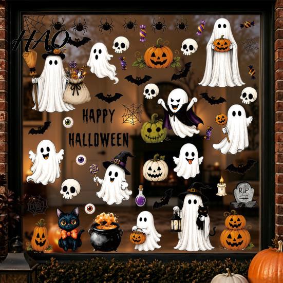 PVC Wall Sticker 6 Sheets Halloween Window Clings, Spooky Ghost Pumpkin Bat Flexible Sticker, Reusable Static Glass Decals for Holiday Party