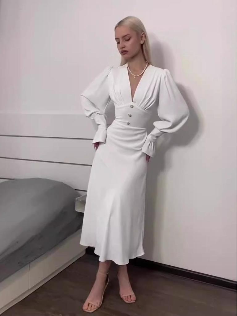 2024 Осень Женское Однотонное Элегантное Платье с V-образным Вырезом, Поясом на Талии, Приталенное, с Длинным Рукавом