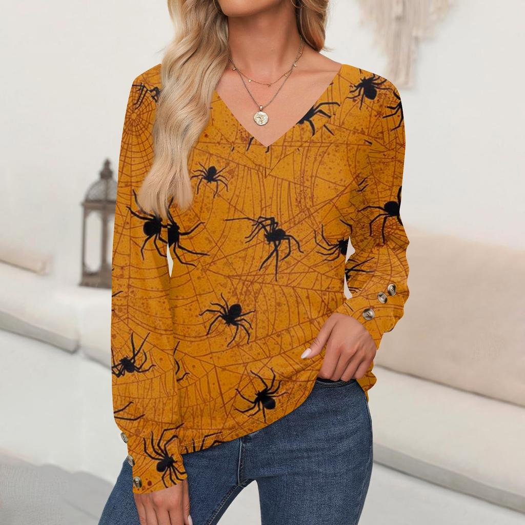 Women's Tops Halloween Printed Long Sleeve Shirt V Neck Casual Loose T-Shirt Autumn Clothing