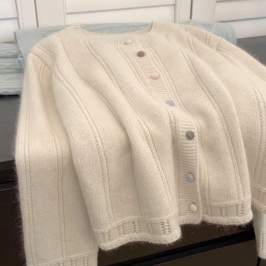 Женский вязаный кардиган с длинным рукавом, круглым вырезом, свитер, рубашка, однотонный, на пуговицах, вязаный свитшот, верхняя одежда, топ