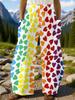 Women'S Spring Sweet Style Loose Wide-Leg Pants with a White Base And Rainbow Heart Prints, Featuring a Stretchy High-Waist
