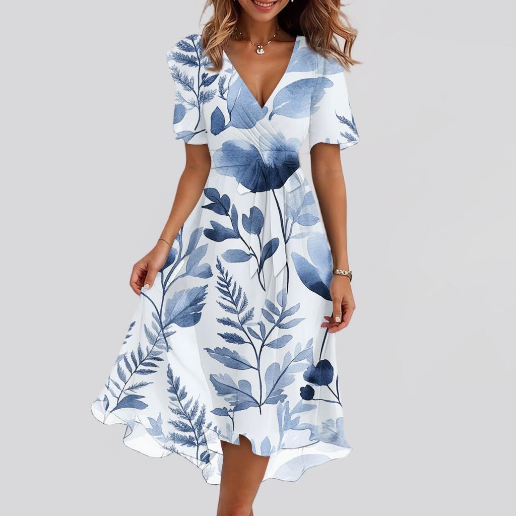 Women's Fashion Casual V Neck Short Sleeve Ruffled Vintage Printed Dresses
