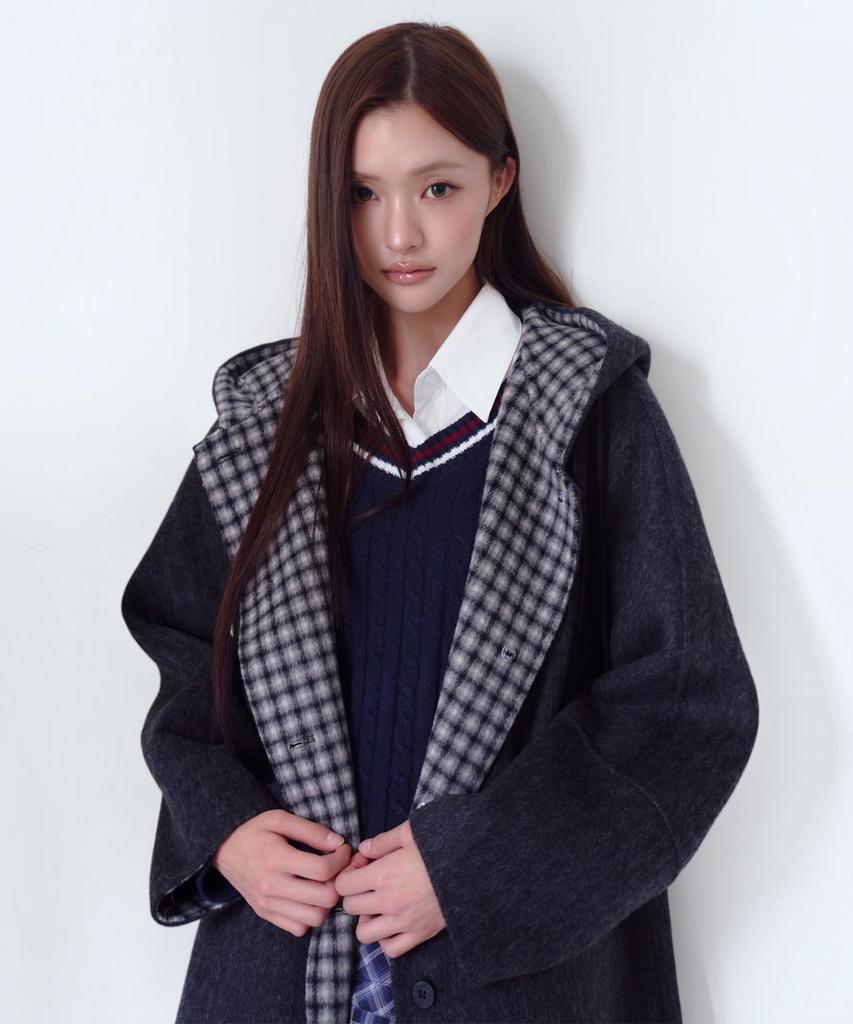 THE GREEN LAB Check Color Block Hooded Half Coat [Charcoal Gray]