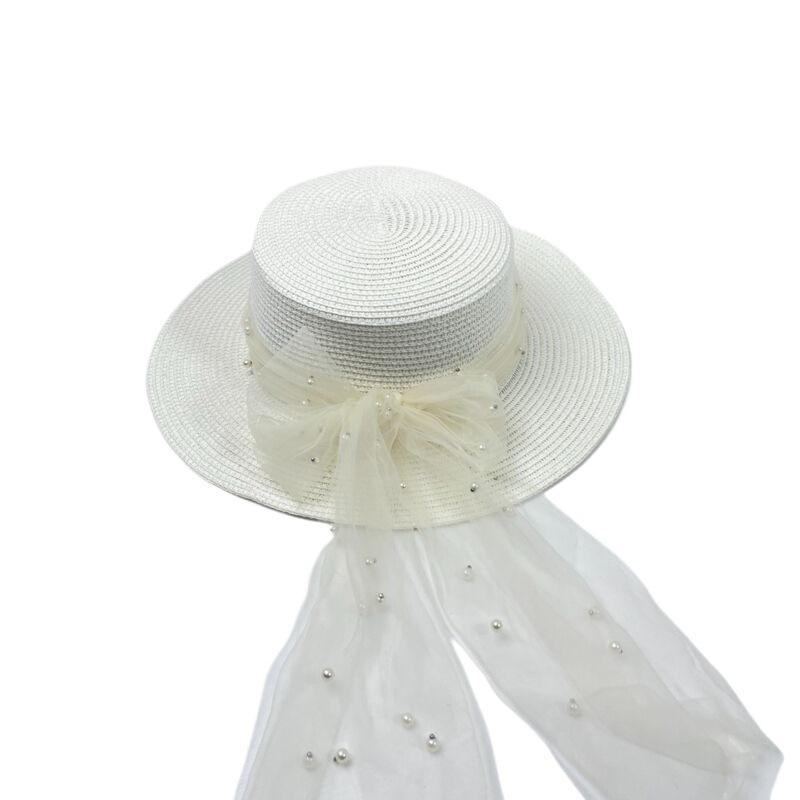 Summer elegant bow straw hat women's fashion flat top straw top hat streamer big eaves beach hat sun hat