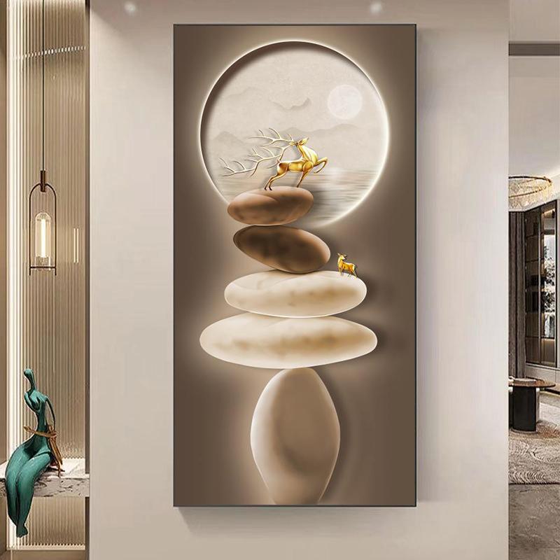 Китайский стиль Дзен-камень Золотой олень Картина на холсте Настенное искусство Богатые постеры с деревьями Фэншуй Настенное искусство для крыльца Декор стены Без рамки