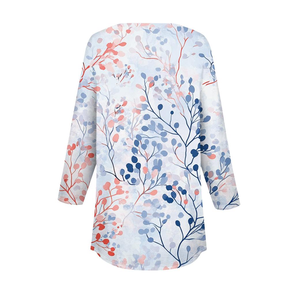 Женская мода свободный воротник на пуговицах с принтом рукав 3/43/4 футболка топы пуловер