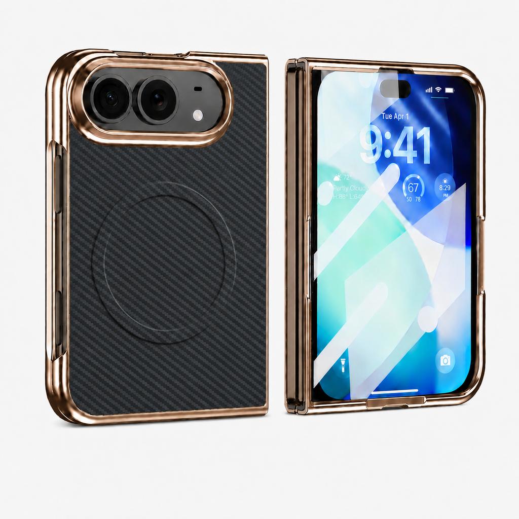 Luxury Carbon Fiber Pattern Plating Magnetic Case for IPhone Ultra Fold 5G Fast Shockproof Wireless Charging Cover